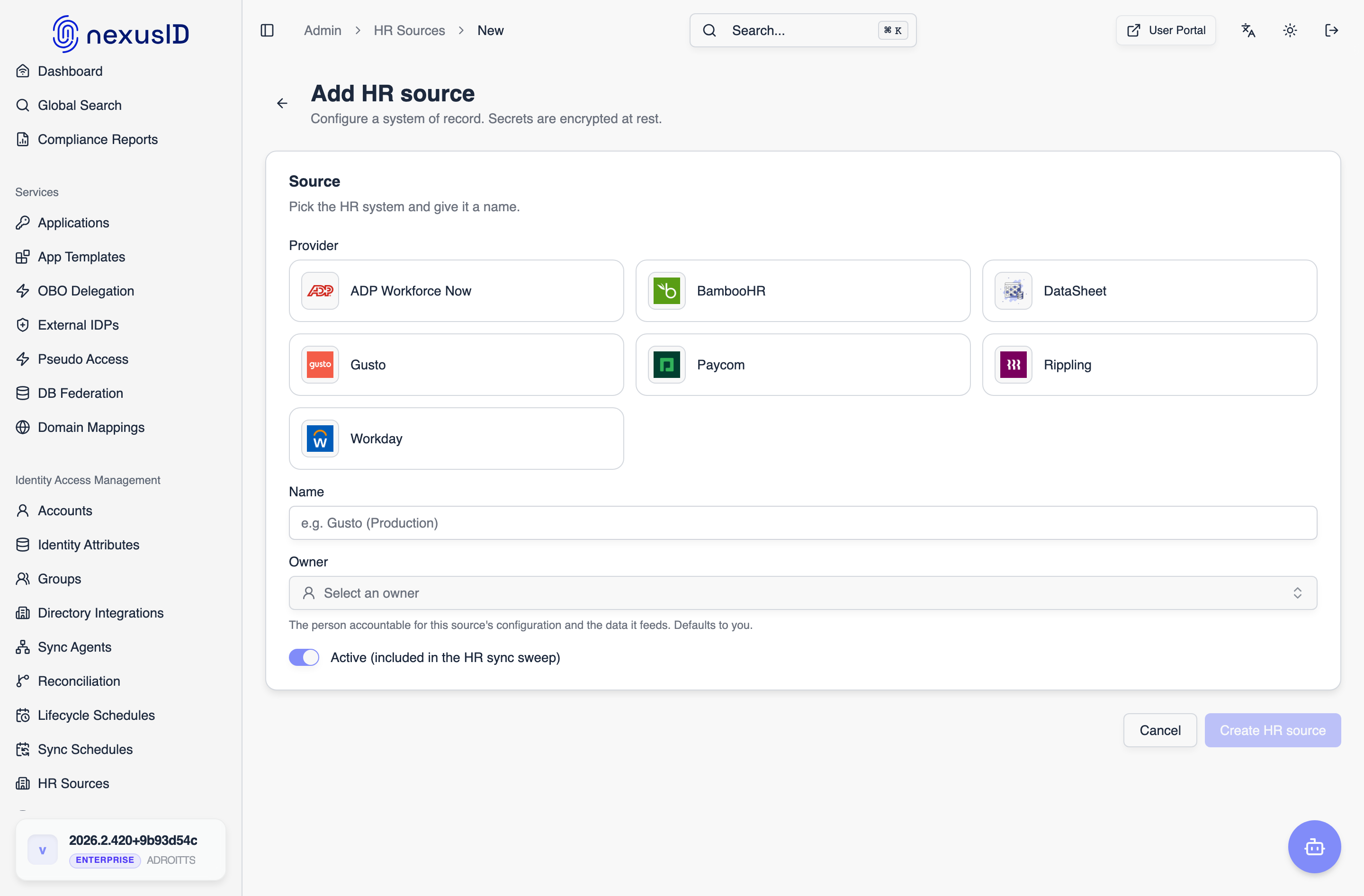 Add HR source — pick the provider