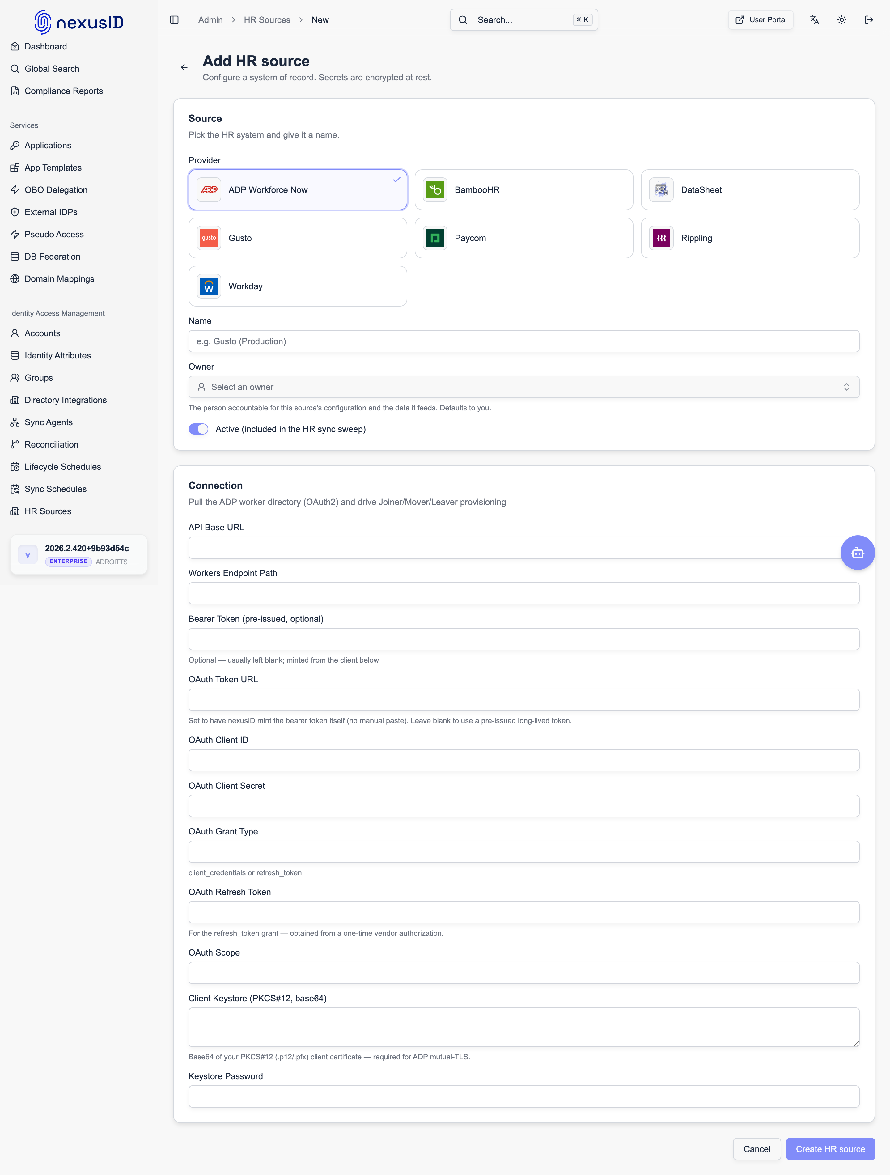 ADP Workforce Now — Add HR source connection fields
