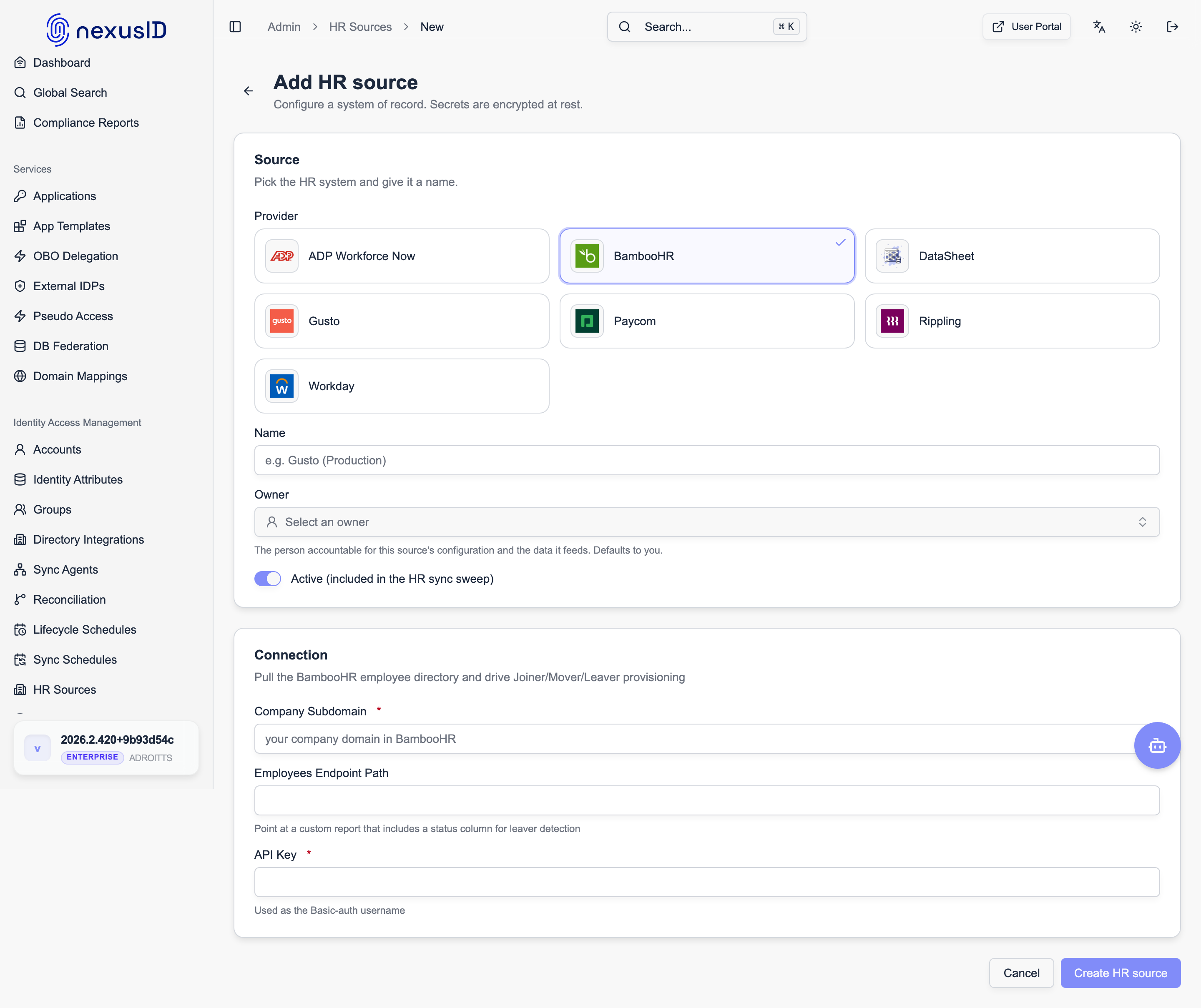 BambooHR — Add HR source connection fields