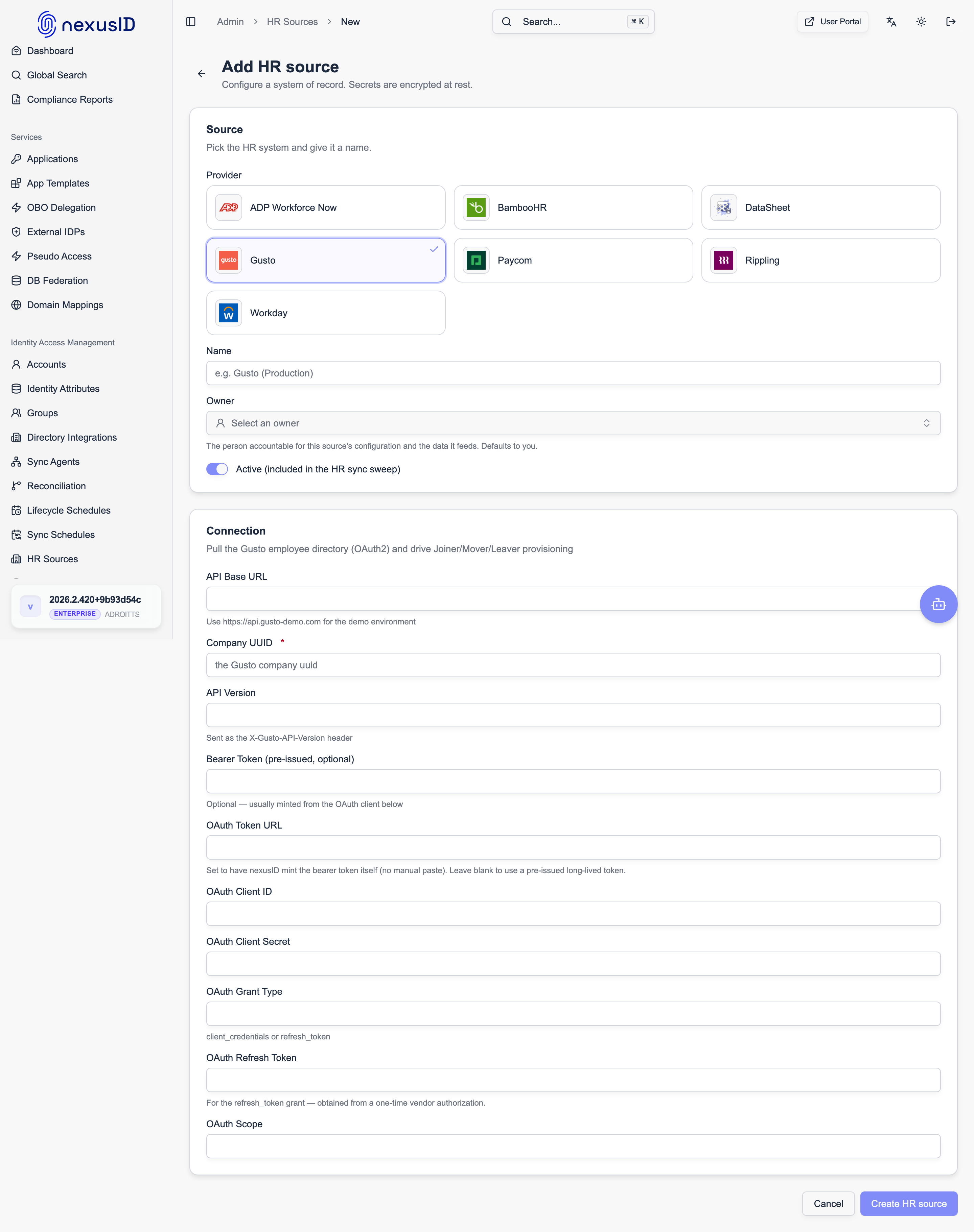 Gusto — Add HR source connection fields