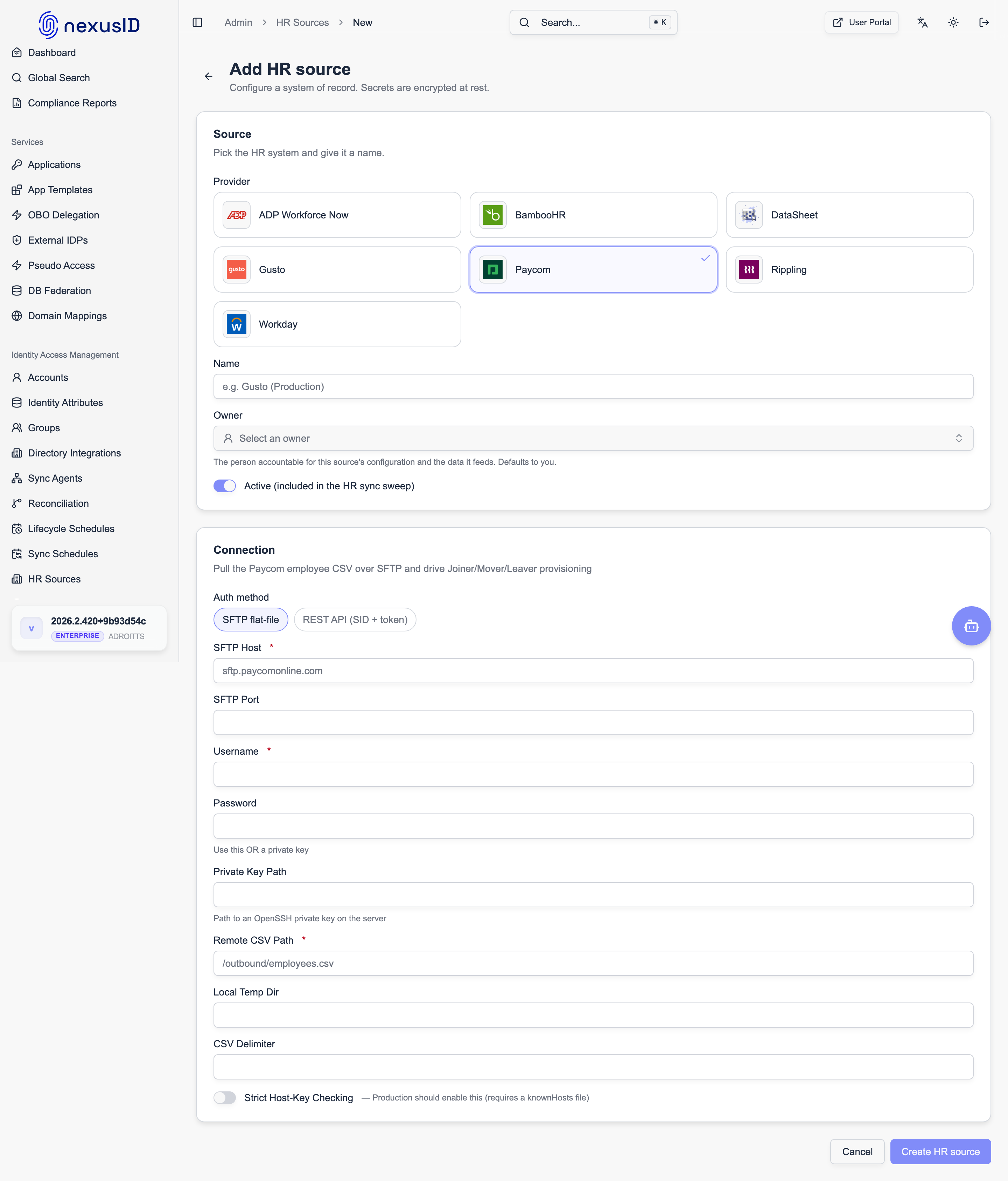 Paycom — Add HR source connection fields