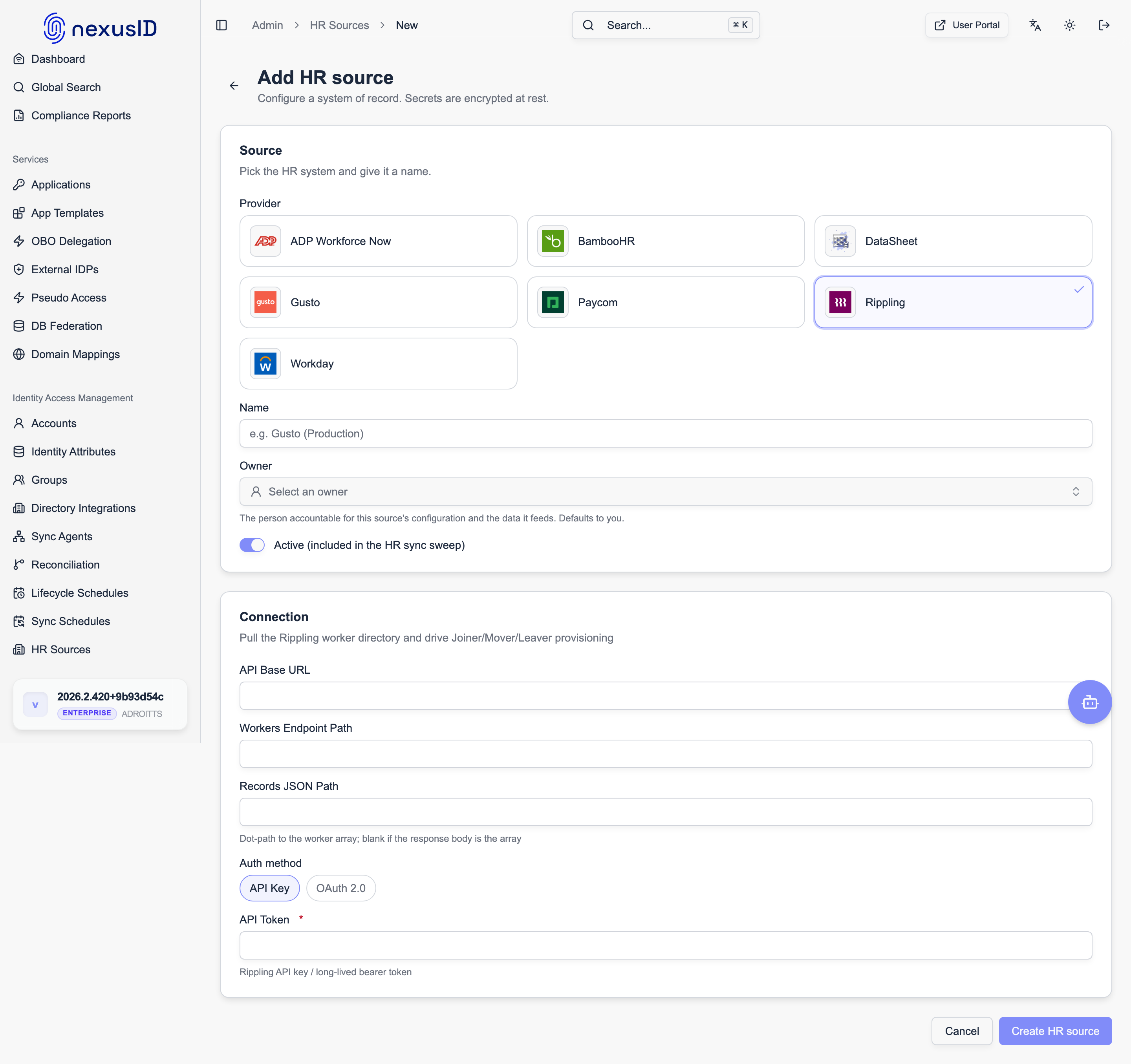 Rippling — Add HR source connection fields