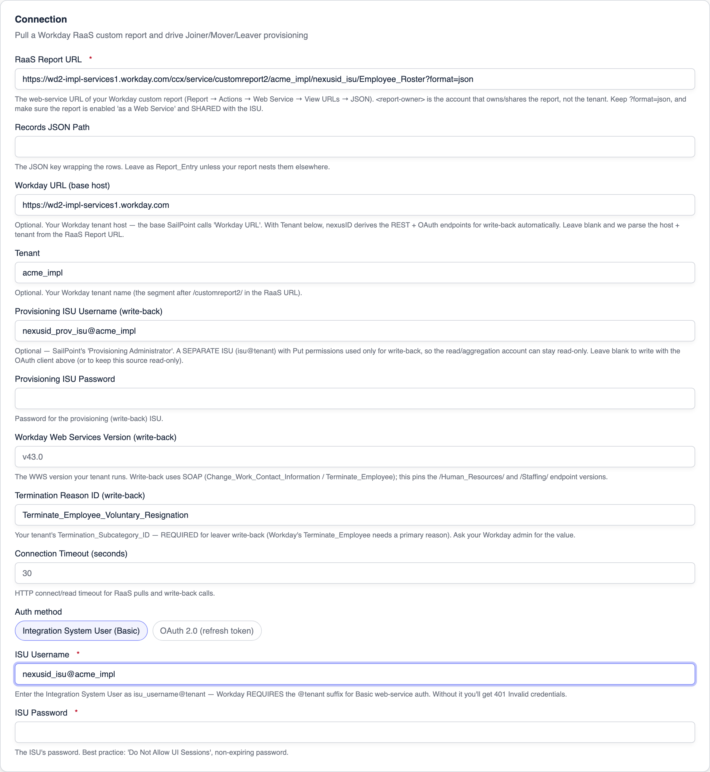 Workday — RaaS report + Integration System User (Basic) auth
