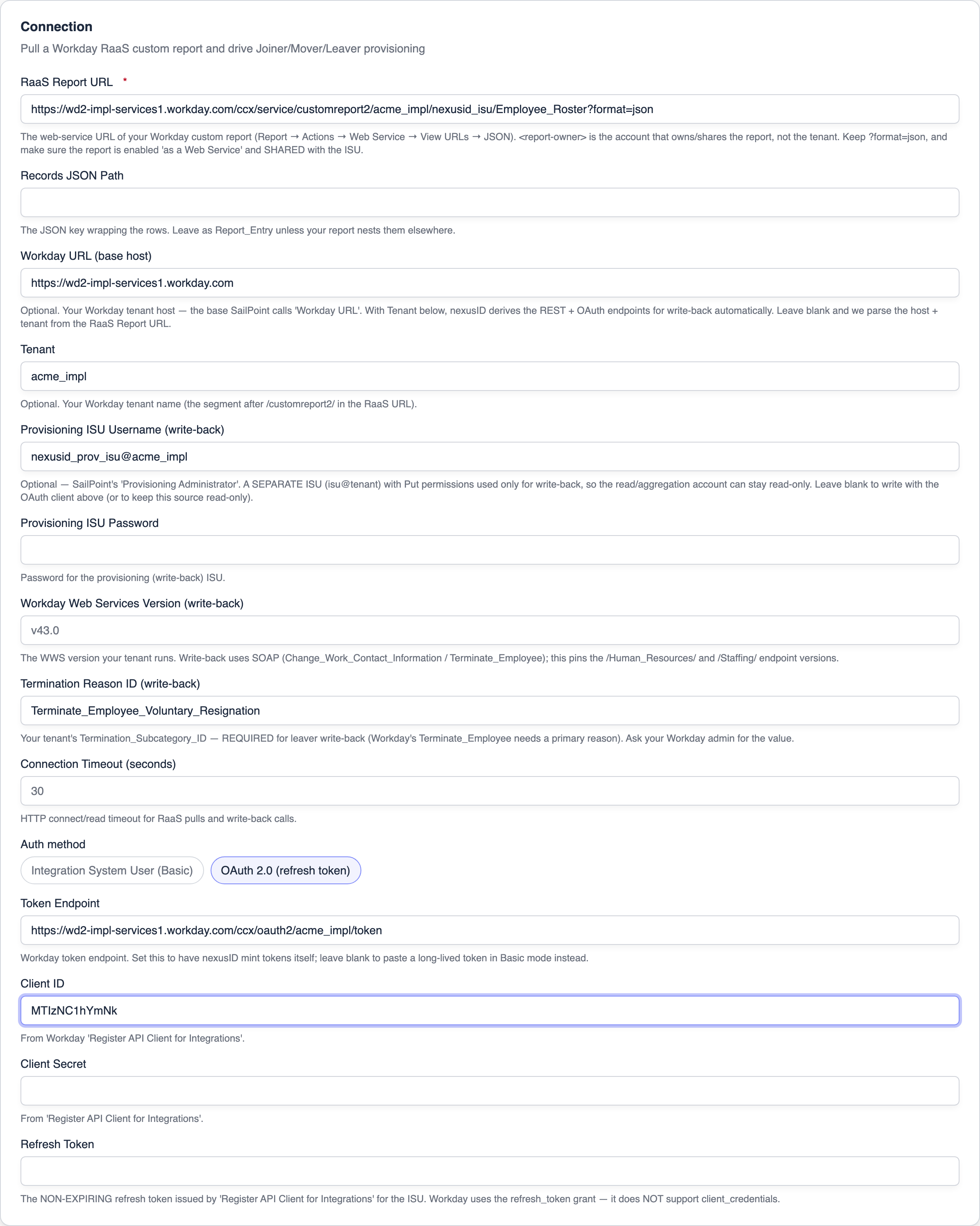 Workday — OAuth 2.0 auth fields